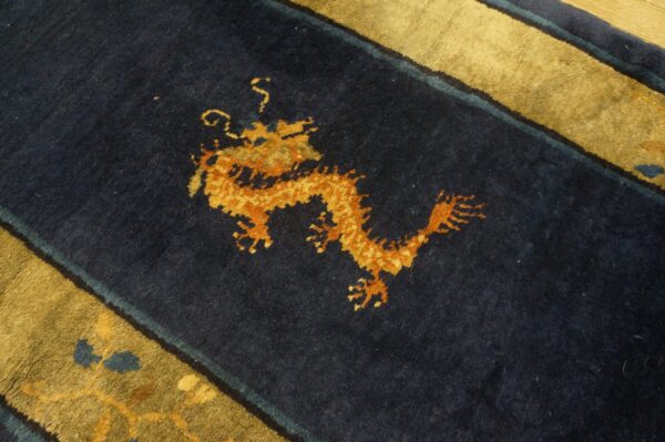 Gold dragon pattern centered on a dark blue runner field with wide borders in olive green.