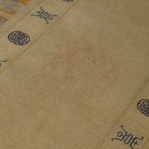 Low-pile tan rug featuring a repeating blue border design sits on worn, distressed hardwood planks.