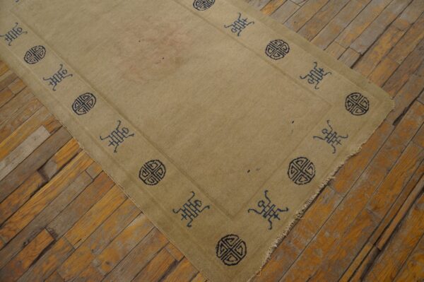 Low-pile tan rug featuring dark symbolic patterns along the border on distressed wood floors.