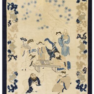 Ivory field rug featuring a blue and tan scene of figures and stars, framed by a dark navy border.