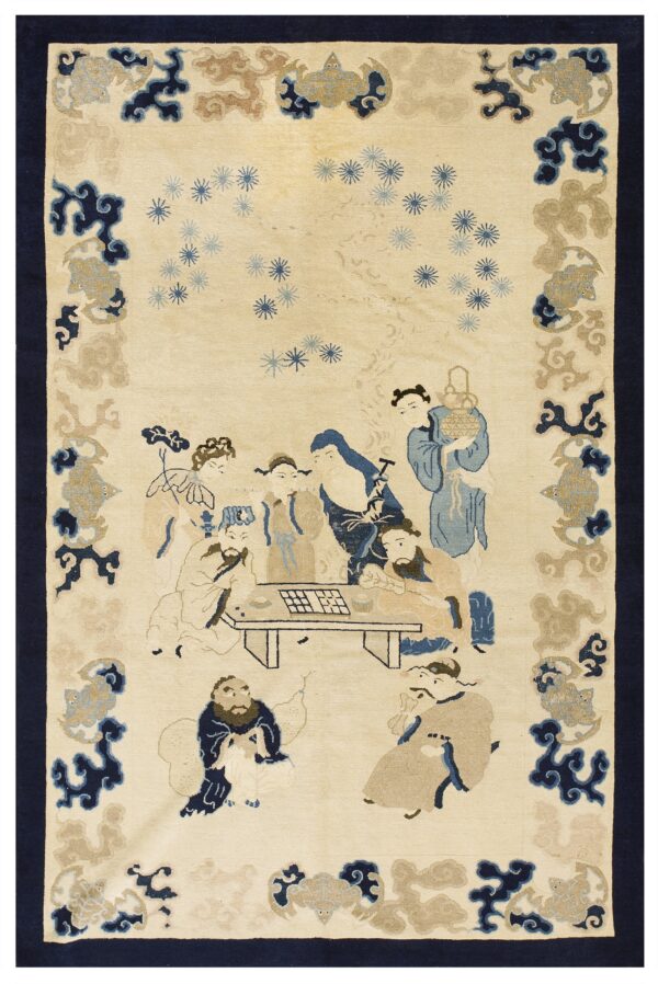 Ivory field rug featuring a blue and tan scene of figures and stars, framed by a dark navy border.