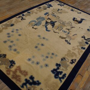 Tan field rug with detailed figures and cloud motifs in navy and light blue on distressed wood planks.