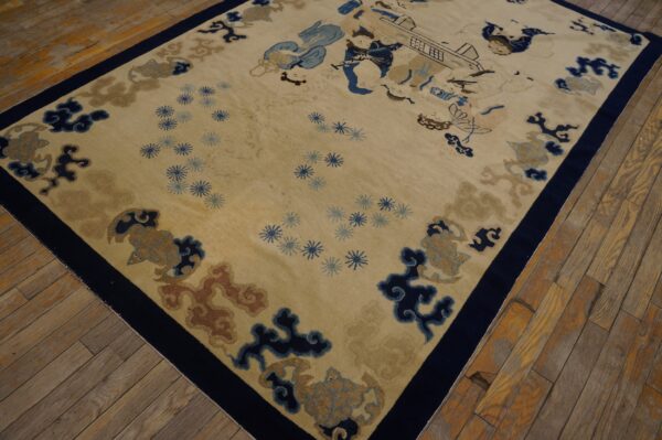 Cream and blue pictorial rug featuring figures and scrolls, centered on distressed wood floor.