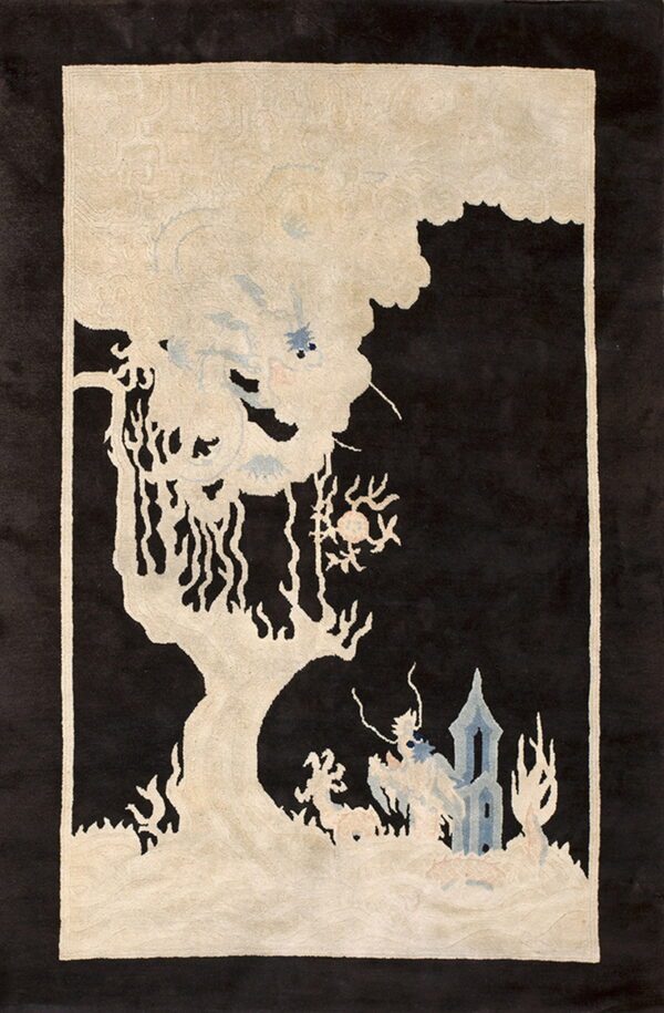 Black rug with a sculpted cream, blue, and pink pattern of a weeping tree, dragon, and tower.