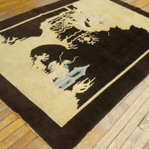 Cream and dark brown stylized rug featuring a pictorial dragon motif on light wood floorboards.