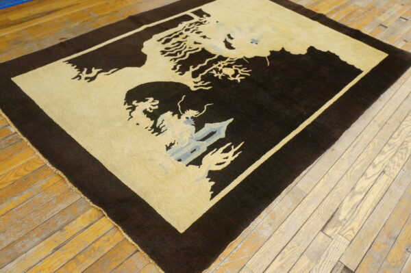 Cream and dark brown stylized rug featuring a pictorial dragon motif on light wood floorboards.