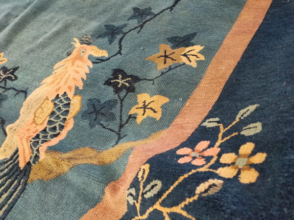 Teal blue rug detail featuring a peach and tan bird motif, dark leaves, and a textured brown border stripe.