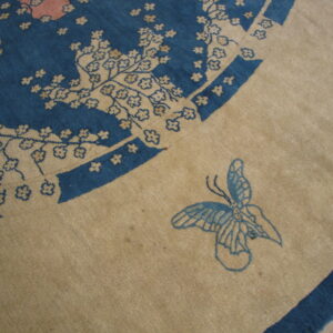 Blue and tan rug detail featuring floral vines, a pink peony, and a blue outlined butterfly.