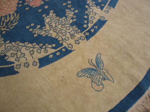 Blue and tan rug detail featuring floral vines, a pink peony, and a blue outlined butterfly.