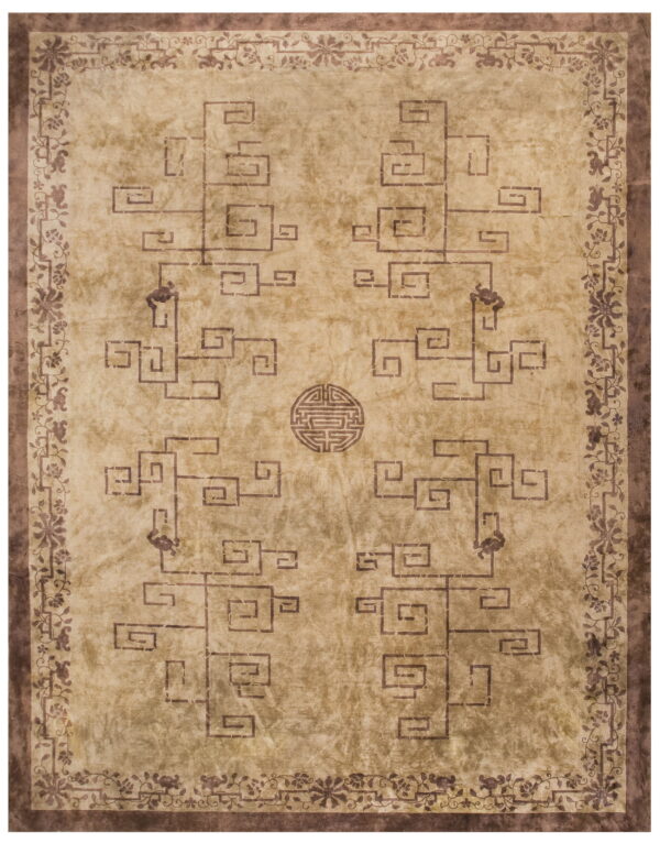 Beige area rug featuring dark brown chinese key patterns, a central shou symbol, and a floral border.