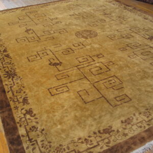 Tan rug with a dark brown fretwork pattern and wide floral border on hardwood flooring.