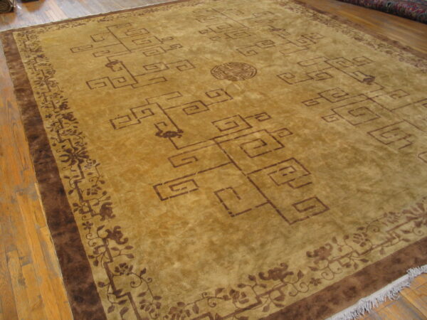 Tan rug with a dark brown fretwork pattern and wide floral border on hardwood flooring.