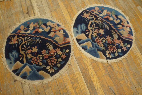 Two round, dark blue rugs with colorful landscape scenes, fringed edges, lying on golden wood planks.
