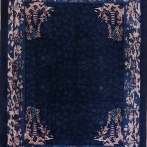 Navy rug with a subtle floral field and a detailed multi-colored border depicting pagodas and trees.