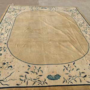 Muted tan rug with an oval field and blue and rose floral border laid out on gray pavement.