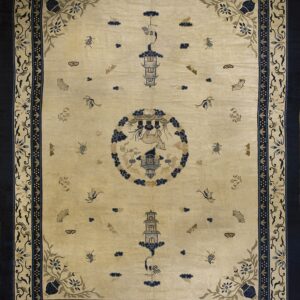 Traditional ivory rug with navy and tan patterns, featuring a central medallion, pagodas, birds, and floral borders.