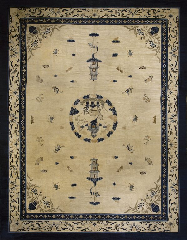 Traditional ivory rug with navy and tan patterns, featuring a central medallion, pagodas, birds, and floral borders.