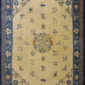 Yellow-beige rug featuring a central medallion and scattered blue floral designs within layered blue and navy borders.
