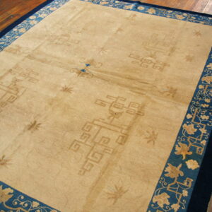 Low-pile beige rug with subtle geometric patterns and a bright blue floral border on a brown wood floor.