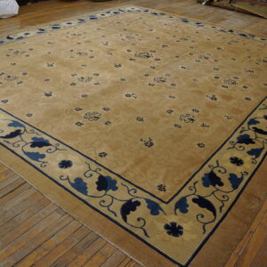 Tan rug with a wide blue floral border and scattered central patterns on wood planks.