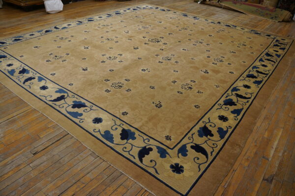Tan rug with a wide blue floral border and scattered central patterns on wood planks.