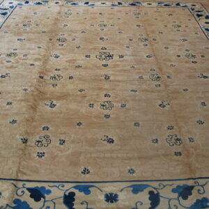 Beige area rug featuring scattered blue floral motifs and a wide, detailed blue and cream vine border.