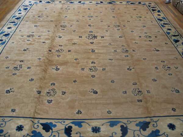 Beige area rug featuring scattered blue floral motifs and a wide, detailed blue and cream vine border.