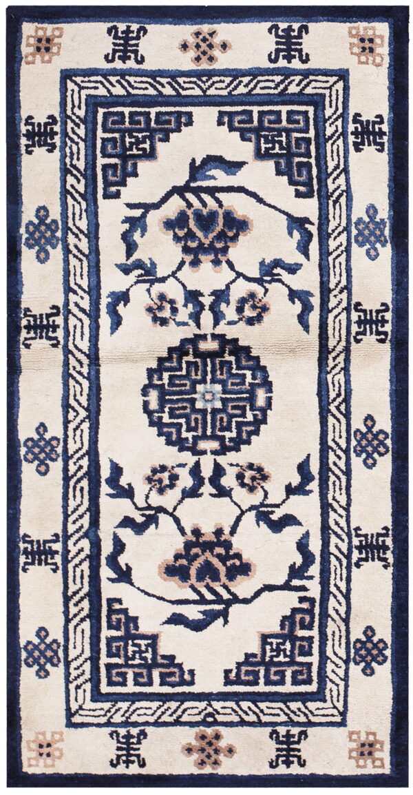 Cream rug featuring navy blue floral vines, a geometric medallion, and angular tan and blue double borders.