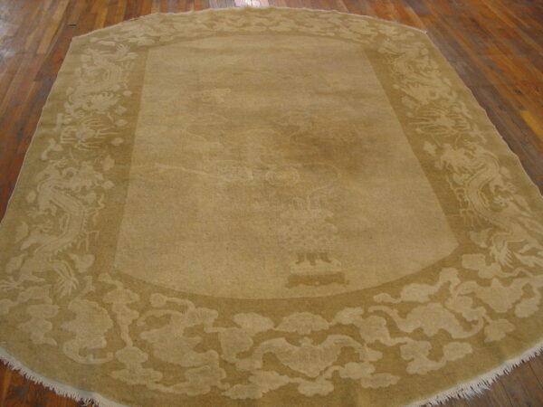Tan rug with carved patterns of dragons and clouds displayed on wide brown hardwood flooring.
