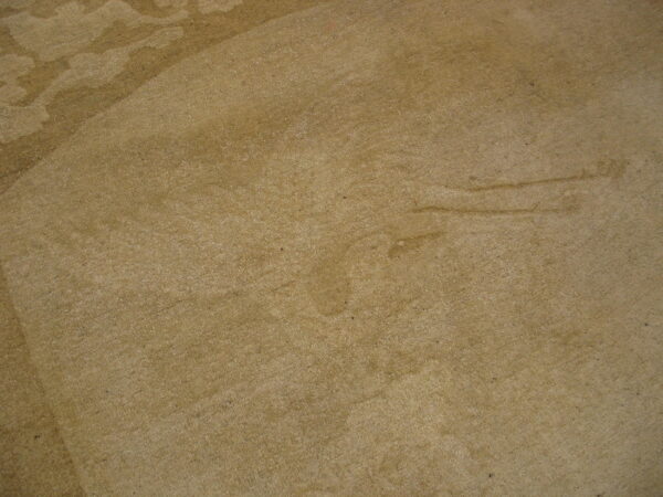 Close-up view of a beige rug texture with subtle pattern visible through varying nap direction.