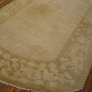Tonal low-pile beige rug featuring a detailed dragon and cloud border on dark wood flooring.