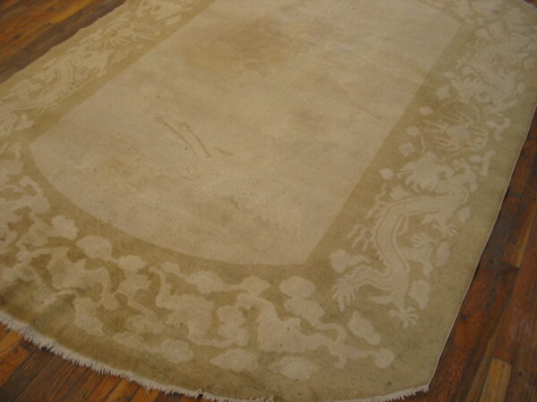 Tonal low-pile beige rug featuring a detailed dragon and cloud border on dark wood flooring.