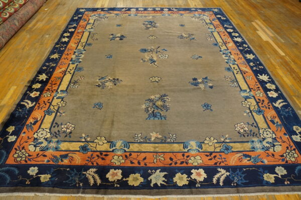 High-pile taupe rug featuring blue birds and flowers, surrounded by detailed orange and dark blue borders on wood floors.