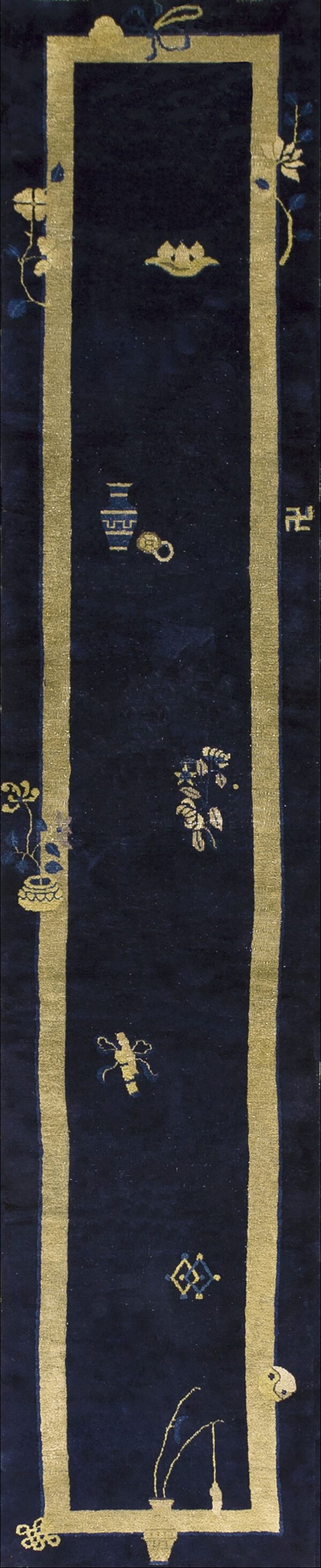 Deep blue peking hallway runner rug with broad gold borders and decorative motifs.