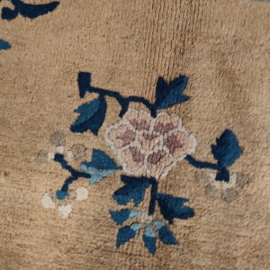 Tan rug detail features a pink floral motif, blue leaves, and a geometric blue border.