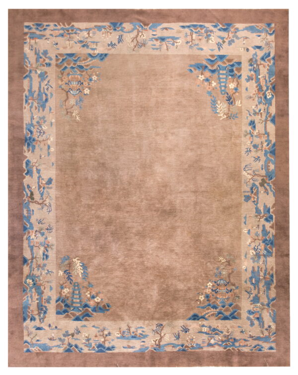 Luminous tan rug with a scenic border featuring blue, brown, and light-colored pagodas and trees.
