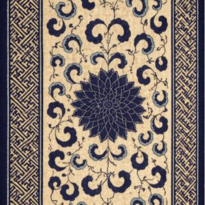 Rectangular blue and yellow rug featuring a central floral medallion, swirling clouds, and a geometric key border.