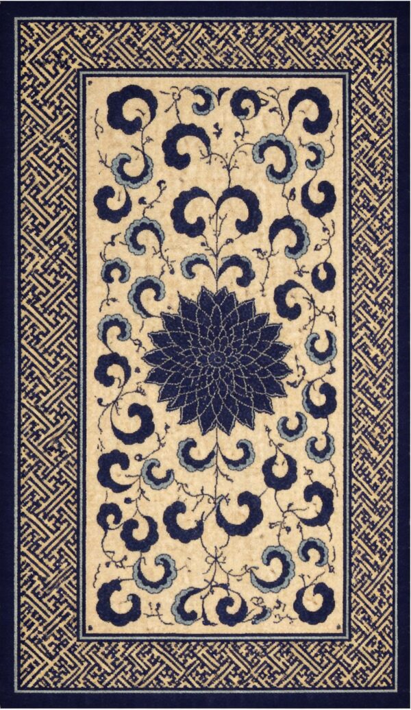 Rectangular blue and yellow rug featuring a central floral medallion, swirling clouds, and a geometric key border.