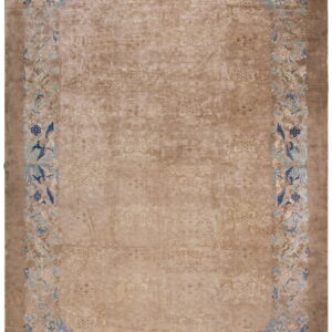 Taupe rug with faint field designs and a wide border patterned in navy and light blue birds.