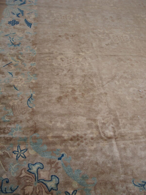 Tan pile rug close-up showing a border design with teal and dark blue traditional symbols.