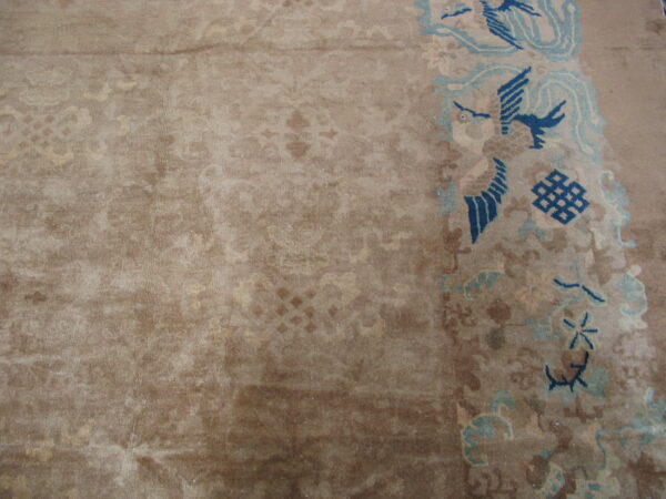 Beige rug detail showing a subtle field pattern contrasting with a dark blue and light blue border design.
