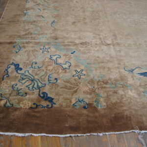 Tan and brown rug with stylized blue floral patterns and fringe on hardwood planks.