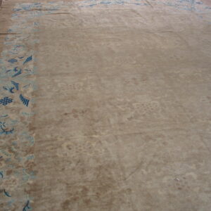 Low-contrast beige rug with a bold side border in light and dark blue, laid on wood planks.