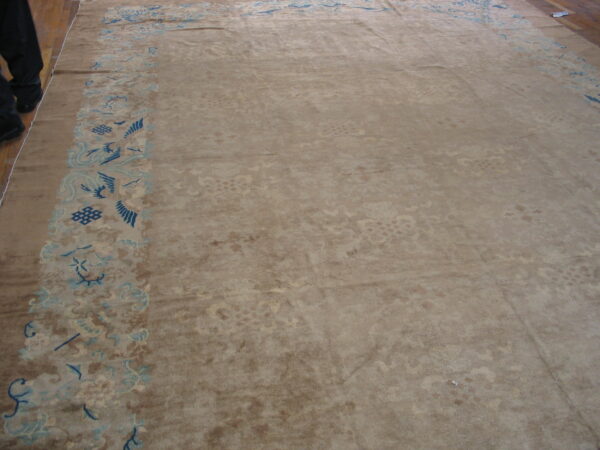 Low-contrast beige rug with a bold side border in light and dark blue, laid on wood planks.