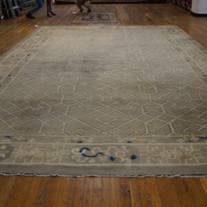 Khaki geometric rug with a light trellis pattern and floral blue border details on wood floor.