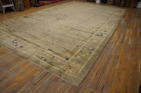 Large greige rug with a geometric trellis pattern and blue floral border, displayed on distressed wood flooring.