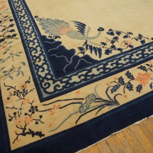 Plush cream rug with navy border and stylized bird and floral motifs rests on worn wood flooring.