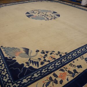 Cream high-pile rug with navy blue scrolled borders and light blue and coral bird and floral designs on wood floor.