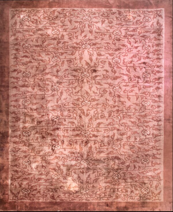 Antique allover floral wool hand knotted pile purple / lavender mauve 1930s rug