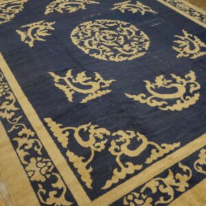 Low-pile rug featuring a large circular medallion and ornate beige motifs against a deep blue field.